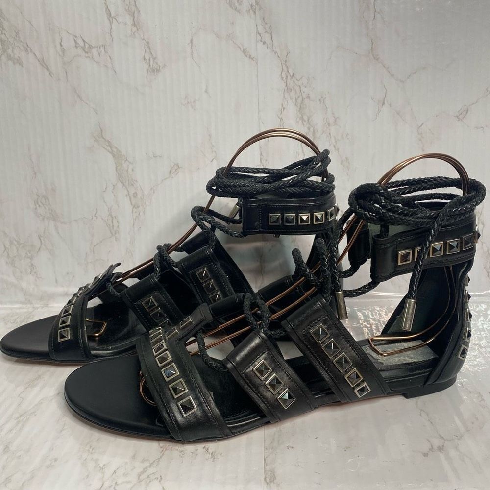 Alexander McQueen Leather Studded Wrap Gladiator Sandals Black Size 40.5 - Picture 3 of 11